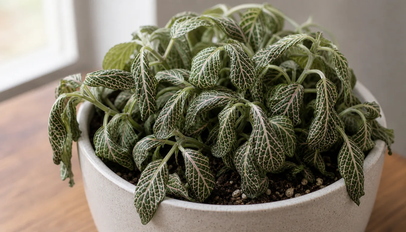 Fittonia nerve plant with flexible patterned leaves and stems drooping over a small indoor pot.
