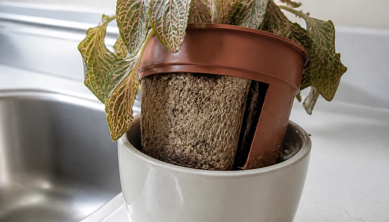 Wilted Fittonia beside a nursery pot where water bypassed the gap around a shrunken dry root ball.