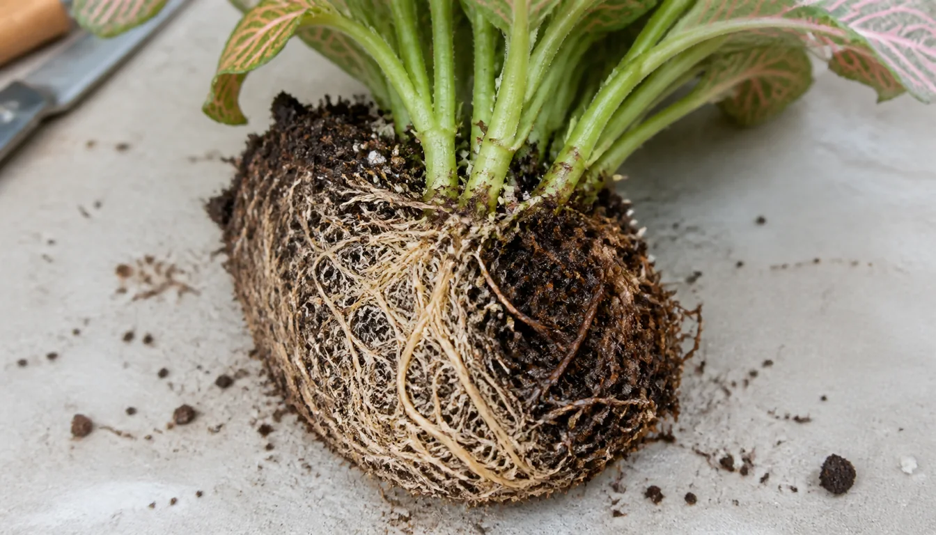 Fittonia root mass with firm pale viable roots beside a limited area of dark soft rotten roots.