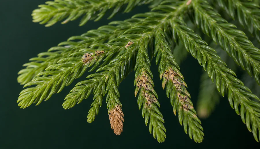 Norfolk Island Pine needles with tan dead lesions and pinpoint black fungal fruiting bodies beside healthy green needles