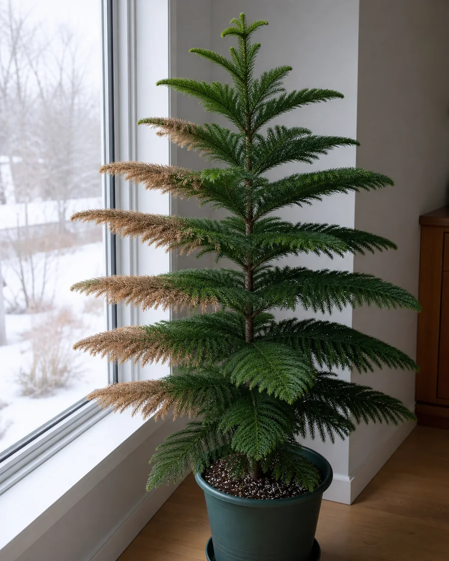 Norfolk Island pine beside a winter window with broad tan-brown outer halves on several glass-facing branch tiers while the room-facing tiers and central leader remain green.