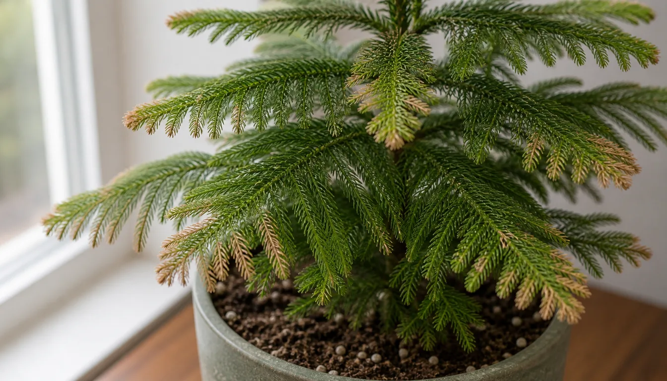 Potted Norfolk Island Pine with green tiered branches and dry brown needle tips near a window.