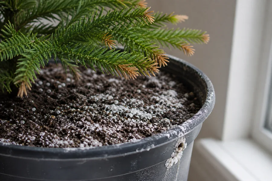 White crystalline residue on Norfolk Island Pine potting mix and rim beside green branches with brown needle tips