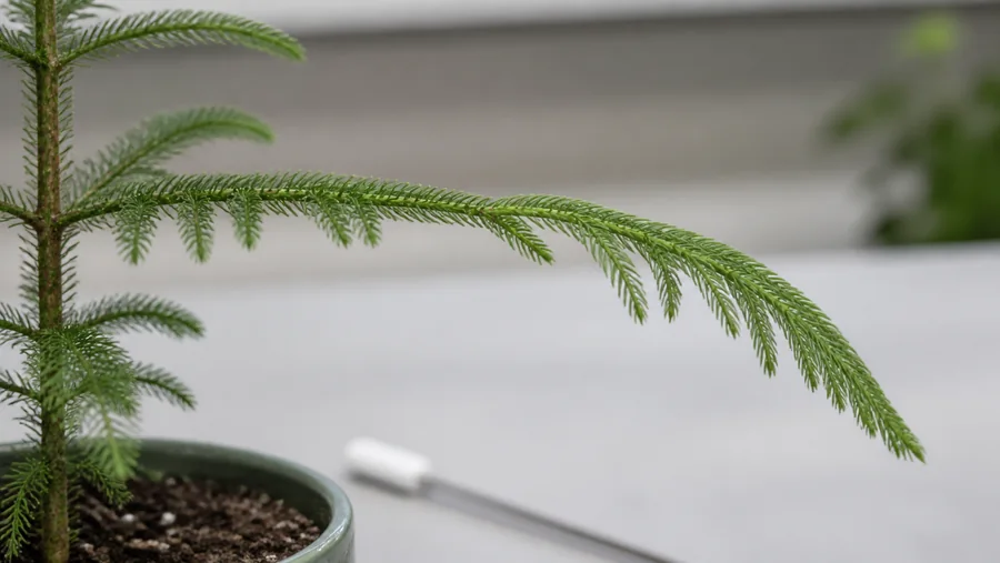 Long green Norfolk Island pine branch with a horizontal inner section and a flexible outer tip bending downward
