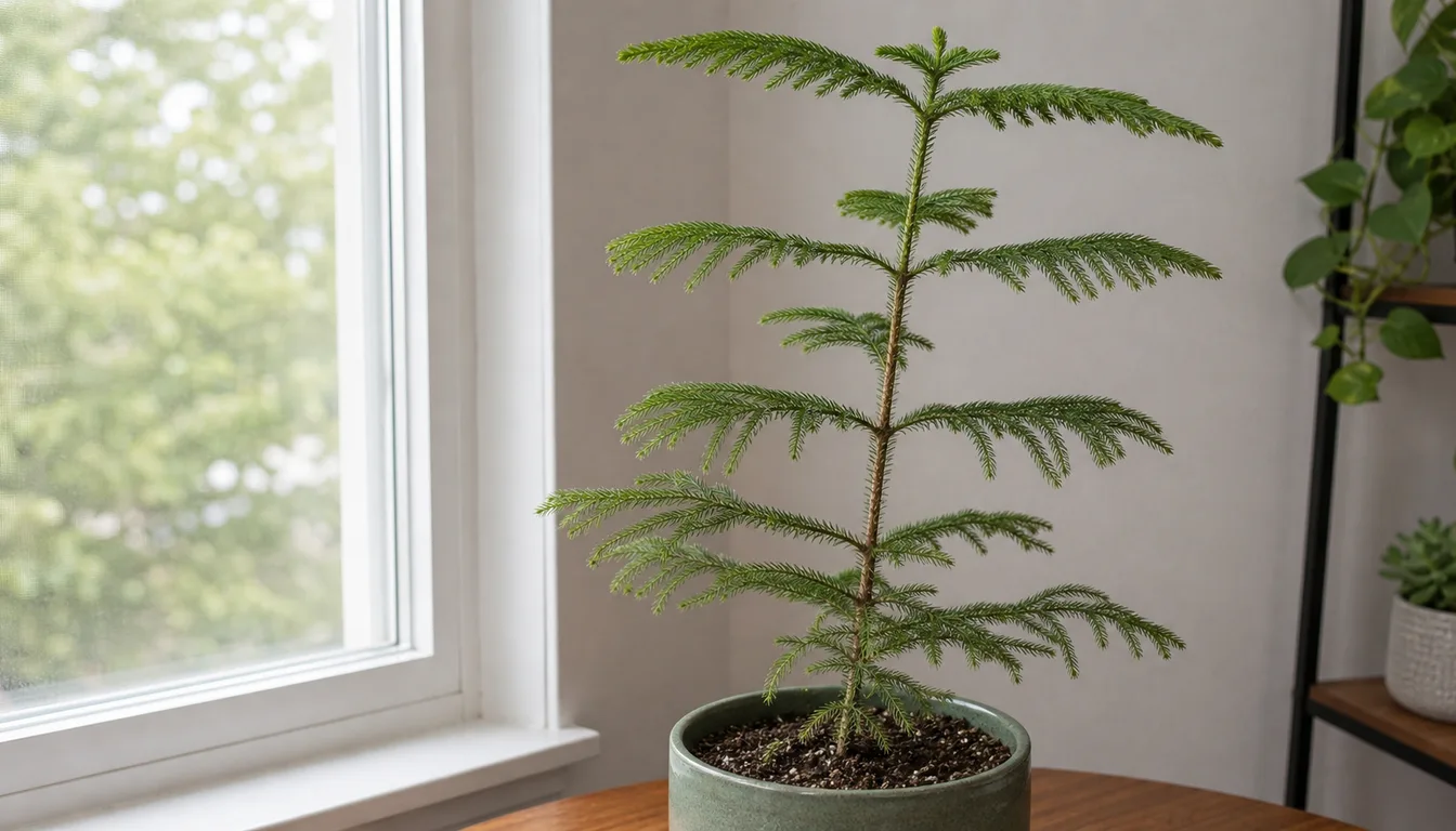 Leggy Norfolk Island Pine in a pot with long gaps between branch tiers beside a bright window.