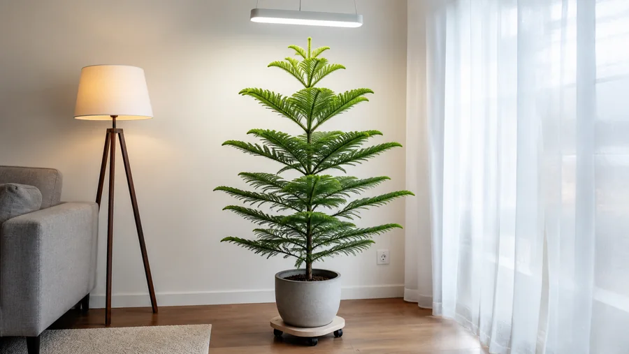 Norfolk Island pine in open space beside a filtered window with a slim grow light centered above its leader