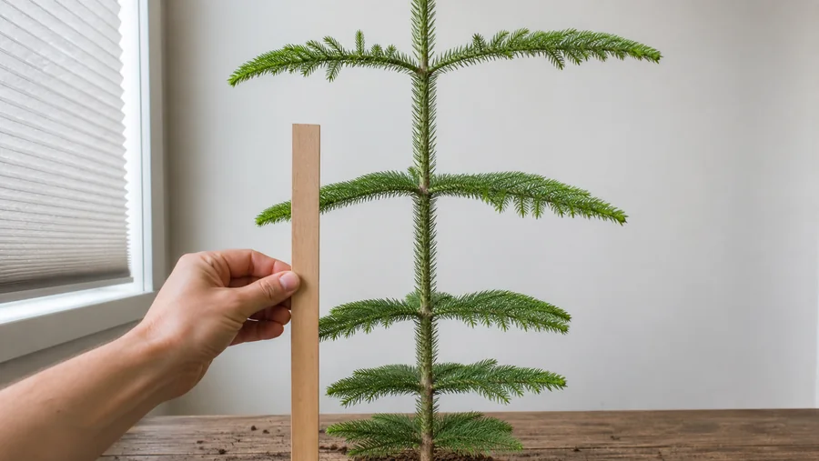 Close view of one Norfolk Island pine trunk with compact lower branch tiers and longer gaps between newer upper tiers beside a plain ruler