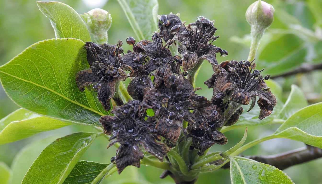 A pear blossom cluster where every flower has turned brown-black and collapsed together while the small spur leaves around it are still bright green