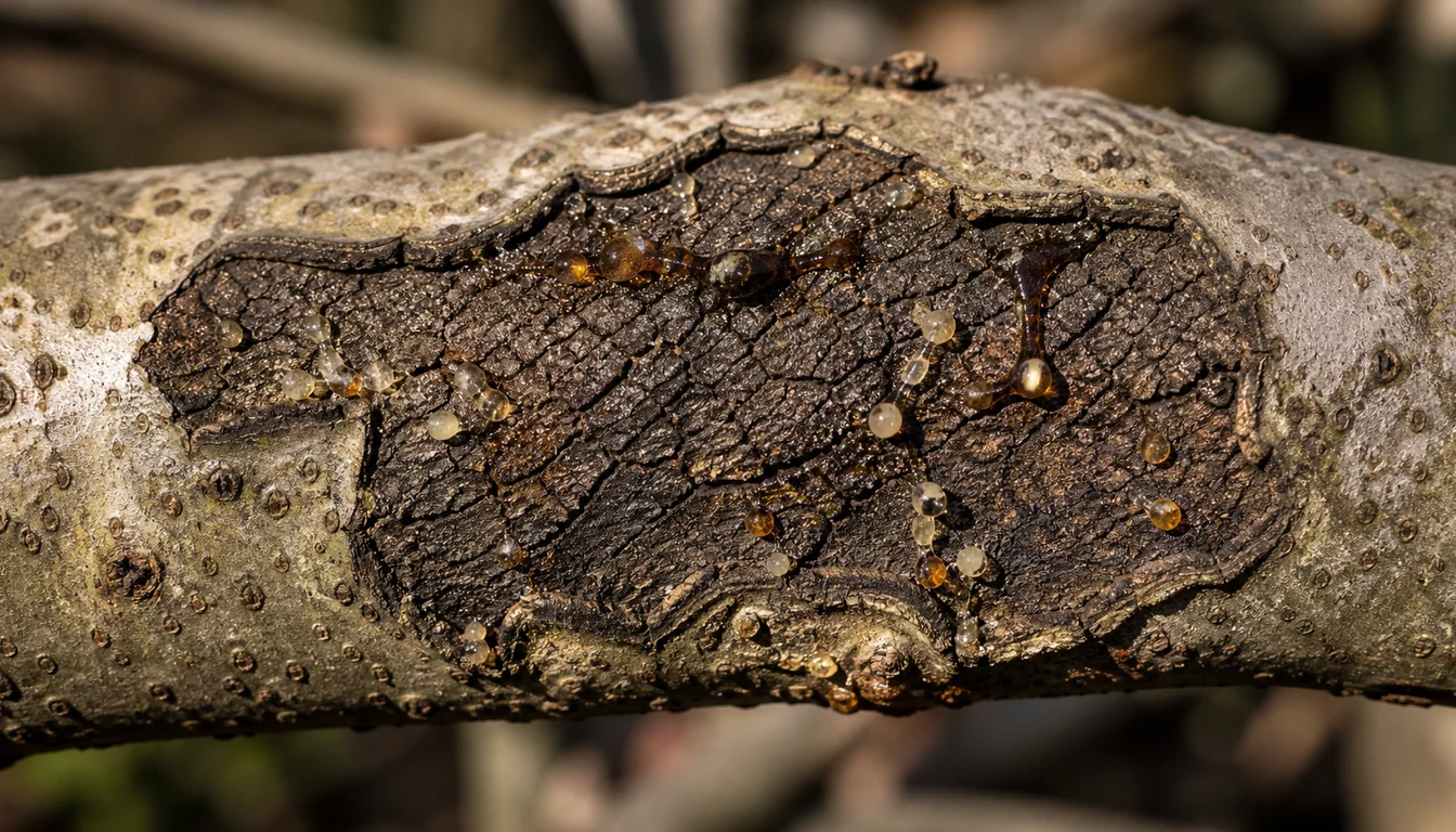 A sunken cracked canker on pear bark with a sharp margin against healthy bark, carrying several amber to milky ooze droplets on its surface