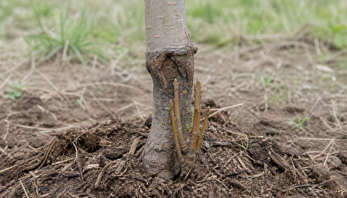 The graft union low on a young pear trunk showing a dark sunken discoloured area with a cracked margin, and vigorous suckers pushing from the rootstock below it
