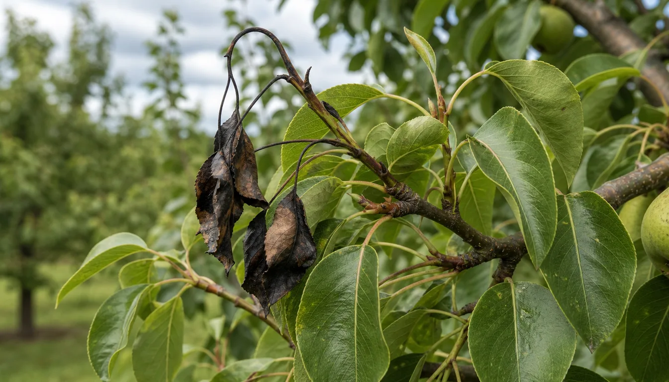 A pear shoot bent into a shepherd's crook with blackened tissue and scorched leaves still hanging attached, beside healthy green pear foliage