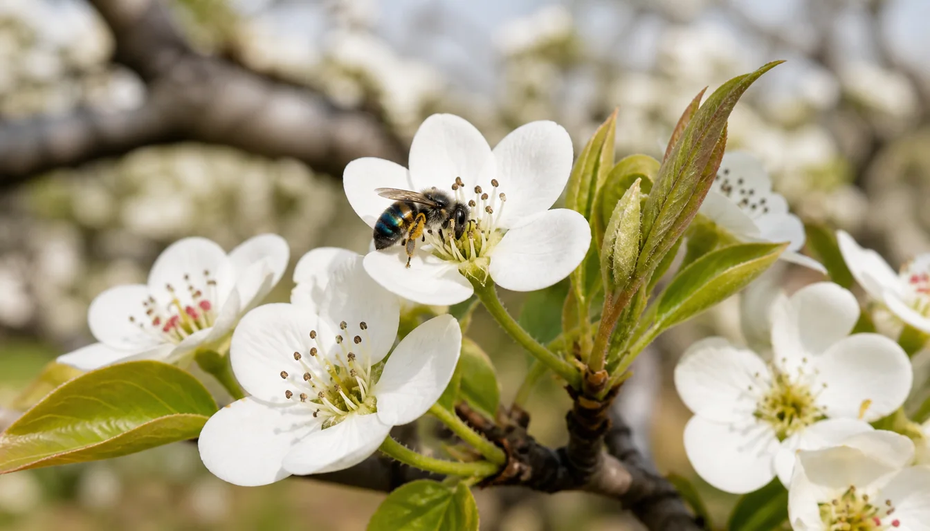 Mason bee contacting the anthers and center of a white pear blossom during calm spring weather.