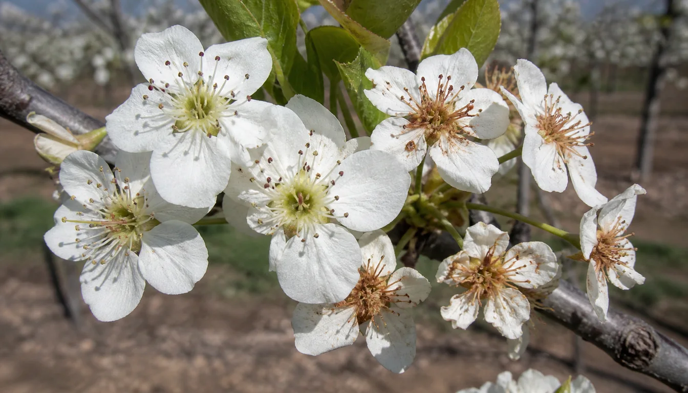 Opened pear blossoms with healthy pale green centers beside frost-killed dark brown centers.