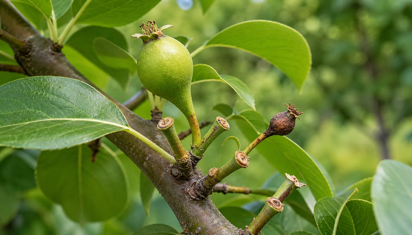 Pear spur with one firm enlarging fruitlet, clean drop scars, and one shriveled damaged fruitlet.