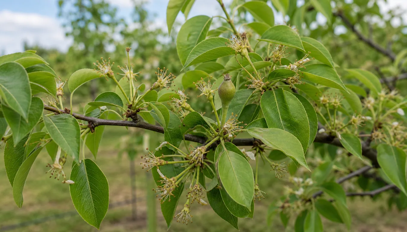 Pear tree spur after bloom with many empty flower stems and one retained green fruitlet.