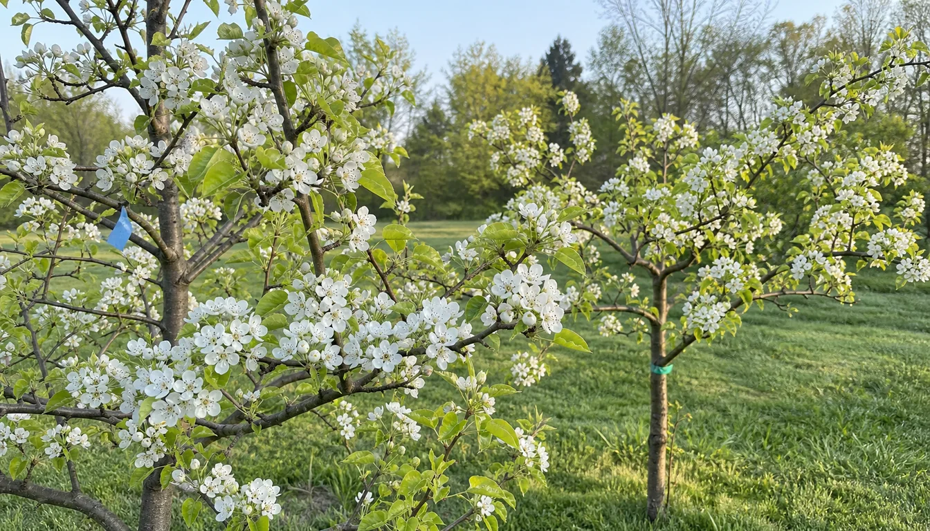 Flowering branches from two distinct pear cultivars open at the same time in a home orchard.