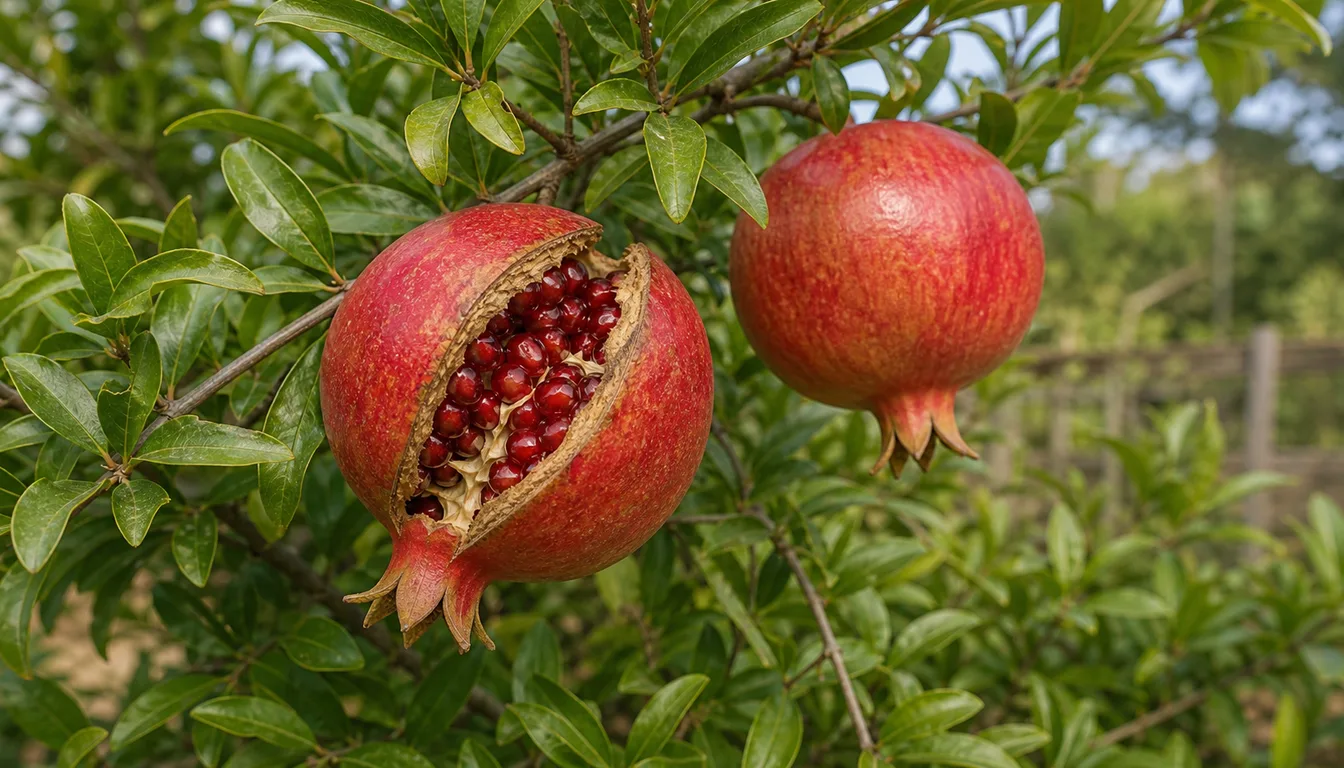 Two pomegranates on a leafy branch with one split lengthwise to expose glossy red arils and one intact fruit behind it