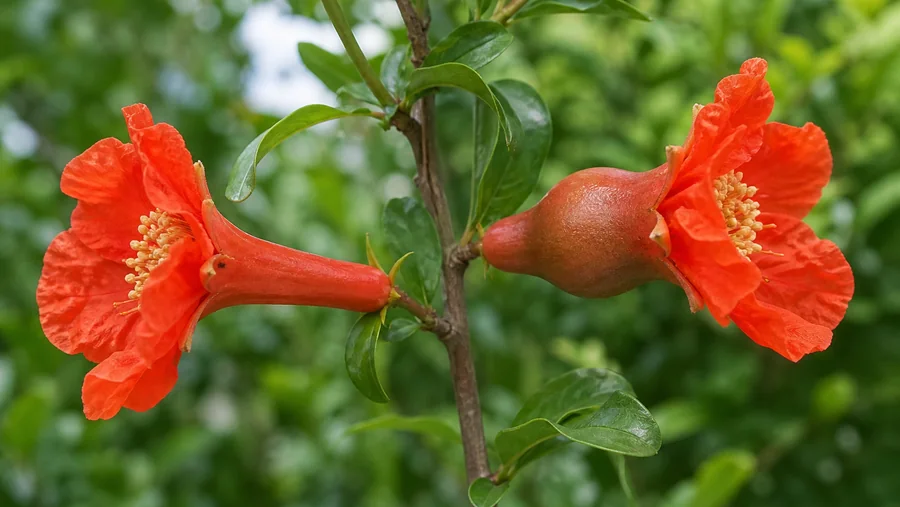 Two attached pomegranate flowers in side view, with one long narrow tubular base beside one broad bulbous ovary base