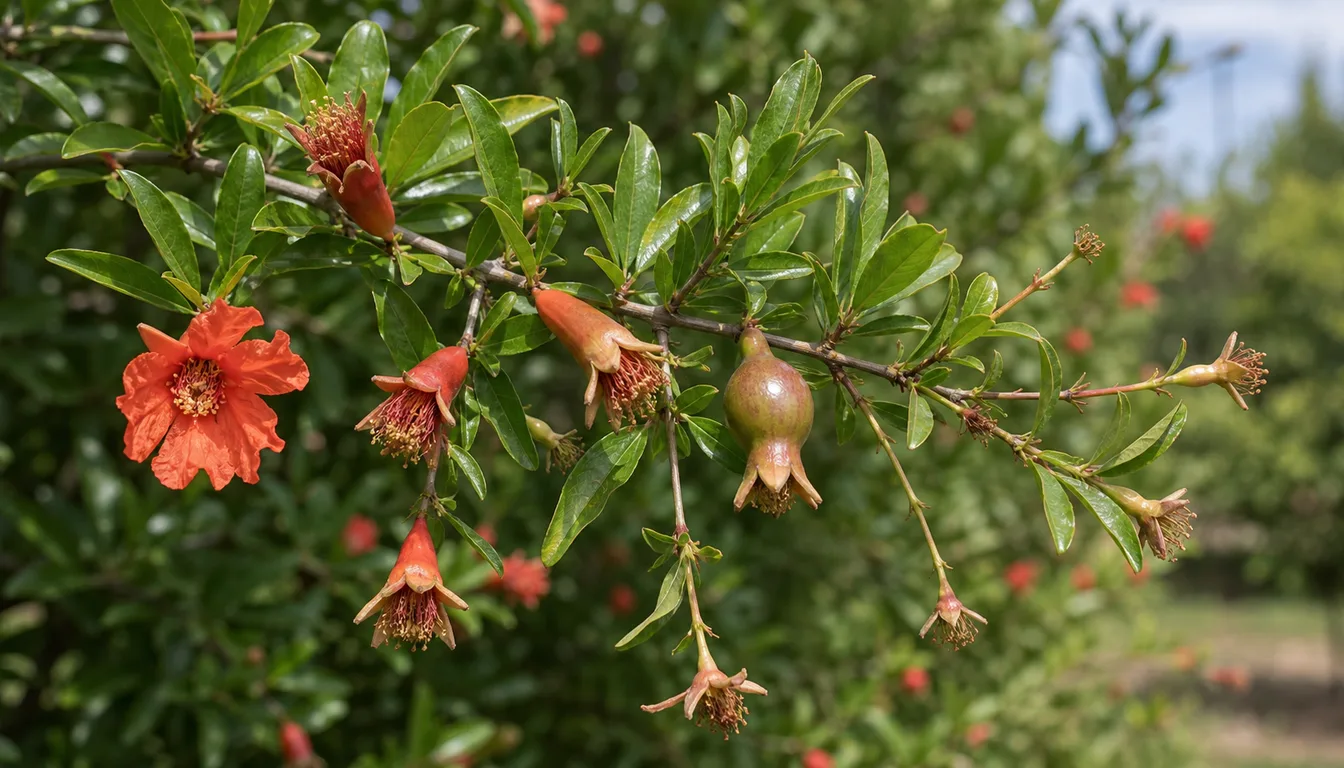 Pomegranate branch with one open orange-red flower, several narrow spent blooms, and one swelling green fruitlet