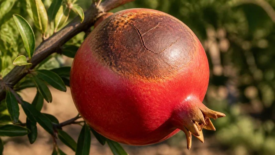 Close view of a red pomegranate with a broad dark brown dry patch and shallow cracks across its sun-facing upper rind