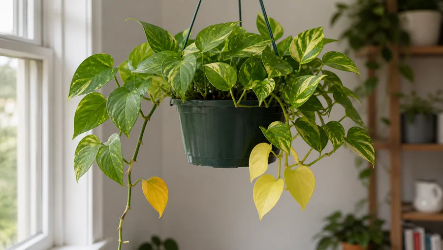 Hanging golden pothos with one yellow leaf low on the left vine and a cluster of four pale-yellow leaves below the right side of the pot.