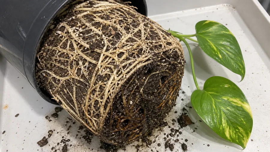 Pothos root ball with many firm cream roots and a localized dark wet area of brown roots in saturated mix.