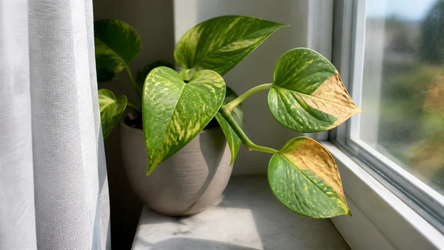 Two pothos leaves beside bright window glass with dry tan patches on their exposed halves while shaded leaves behind stay green.