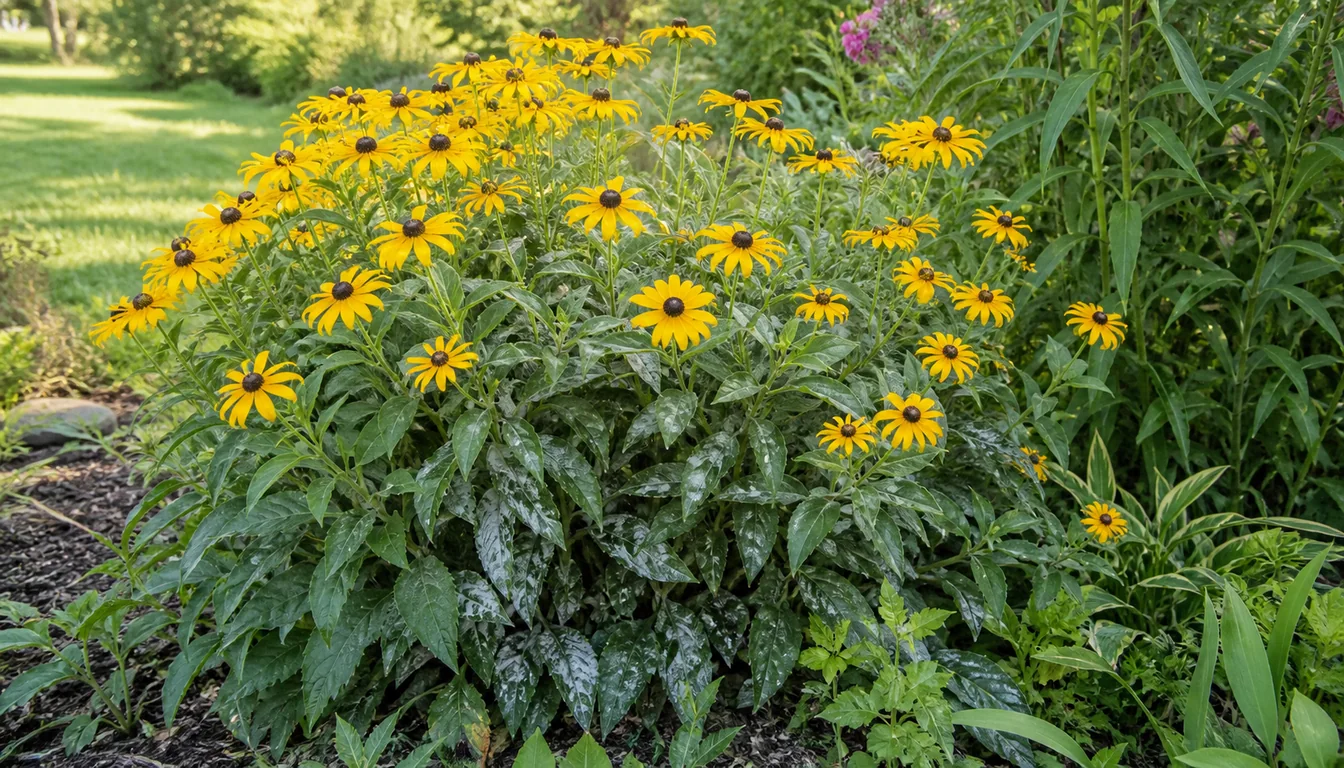 Black-eyed Susan clump with mildew on crowded shaded inner leaves while outer foliage and flowers remain healthy.