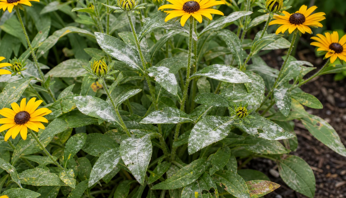 Black-eyed Susan leaves with white powdery mildew beside recognizable yellow flowers.