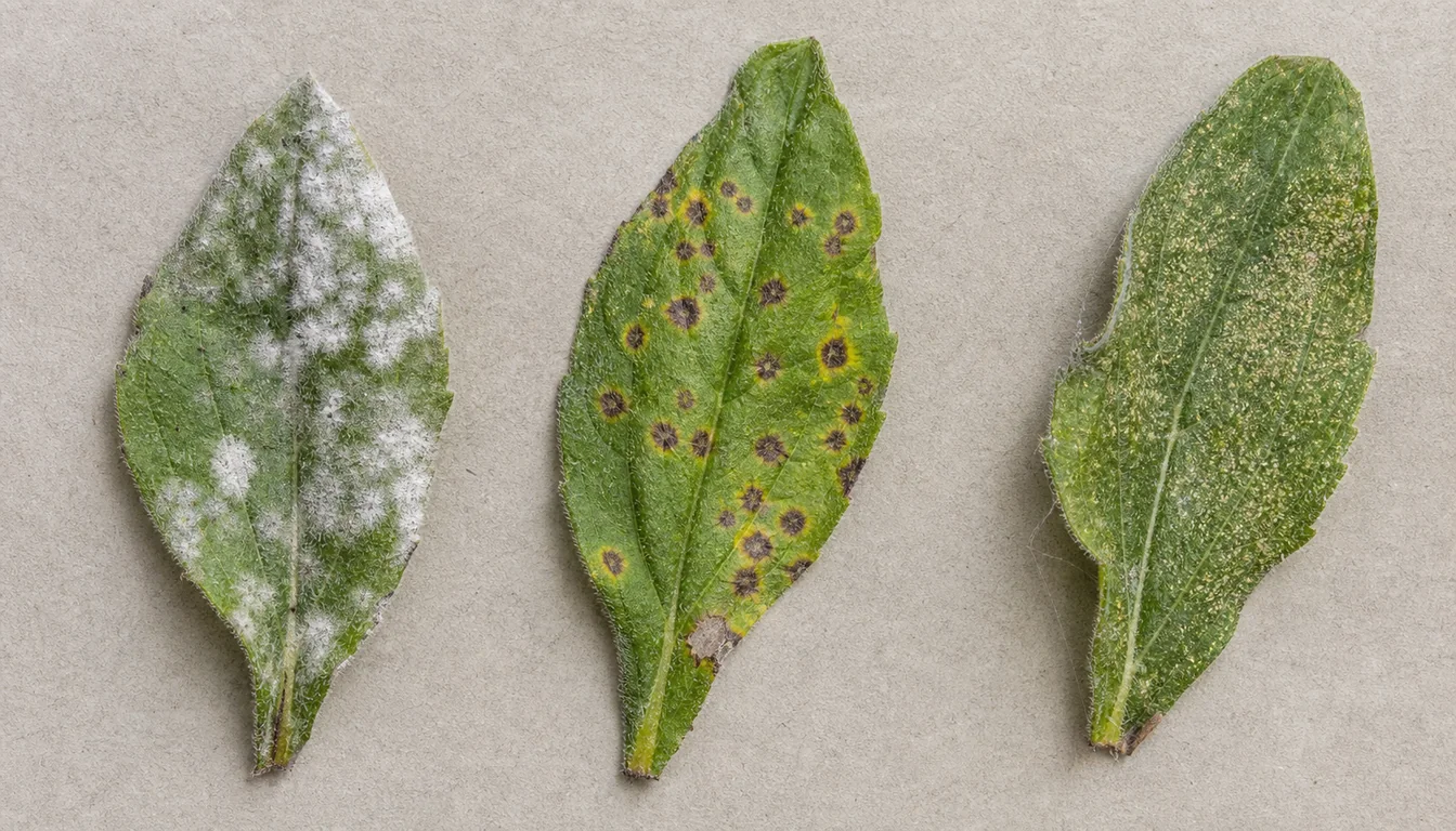 Rudbeckia leaves showing powdery mildew, discrete dark leaf spots, and mite stippling with fine webbing.