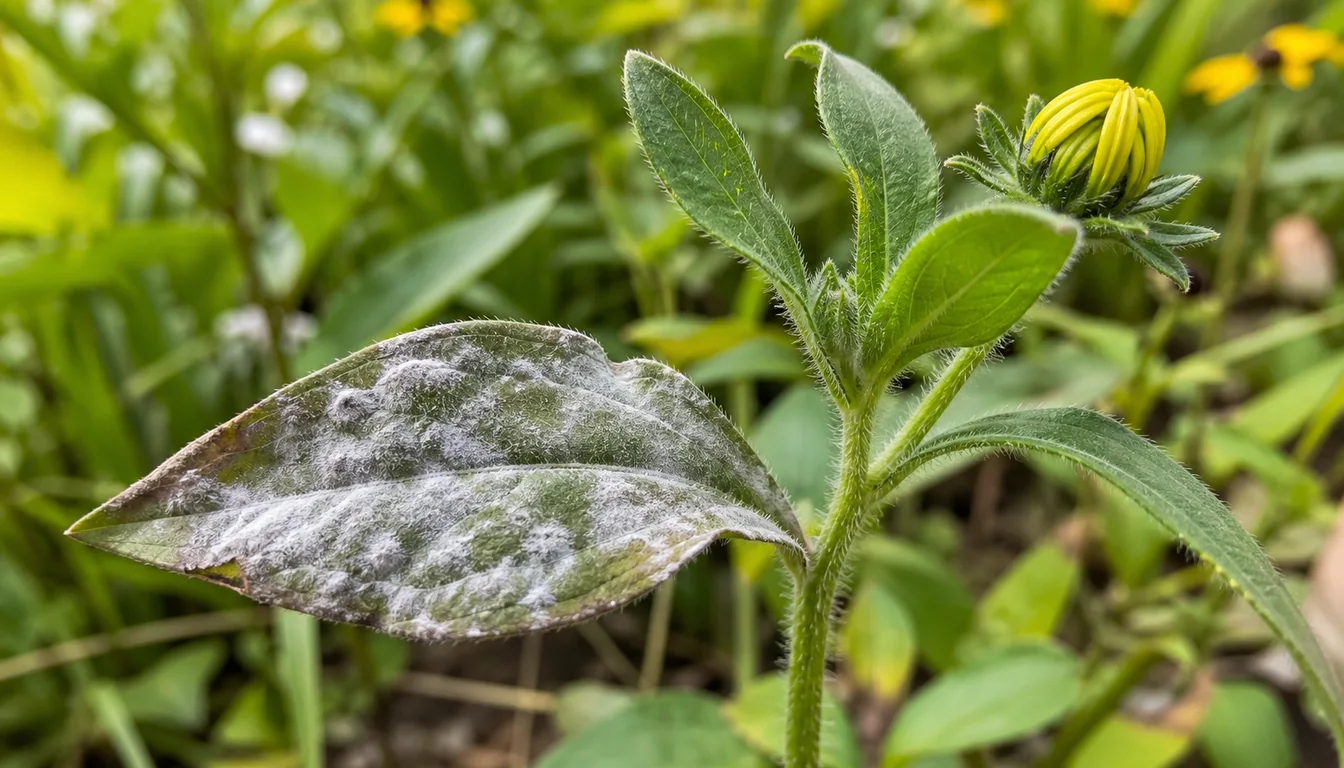 Old powdery-coated Rudbeckia leaf beside clean healthy new leaves and an unopened flower bud.