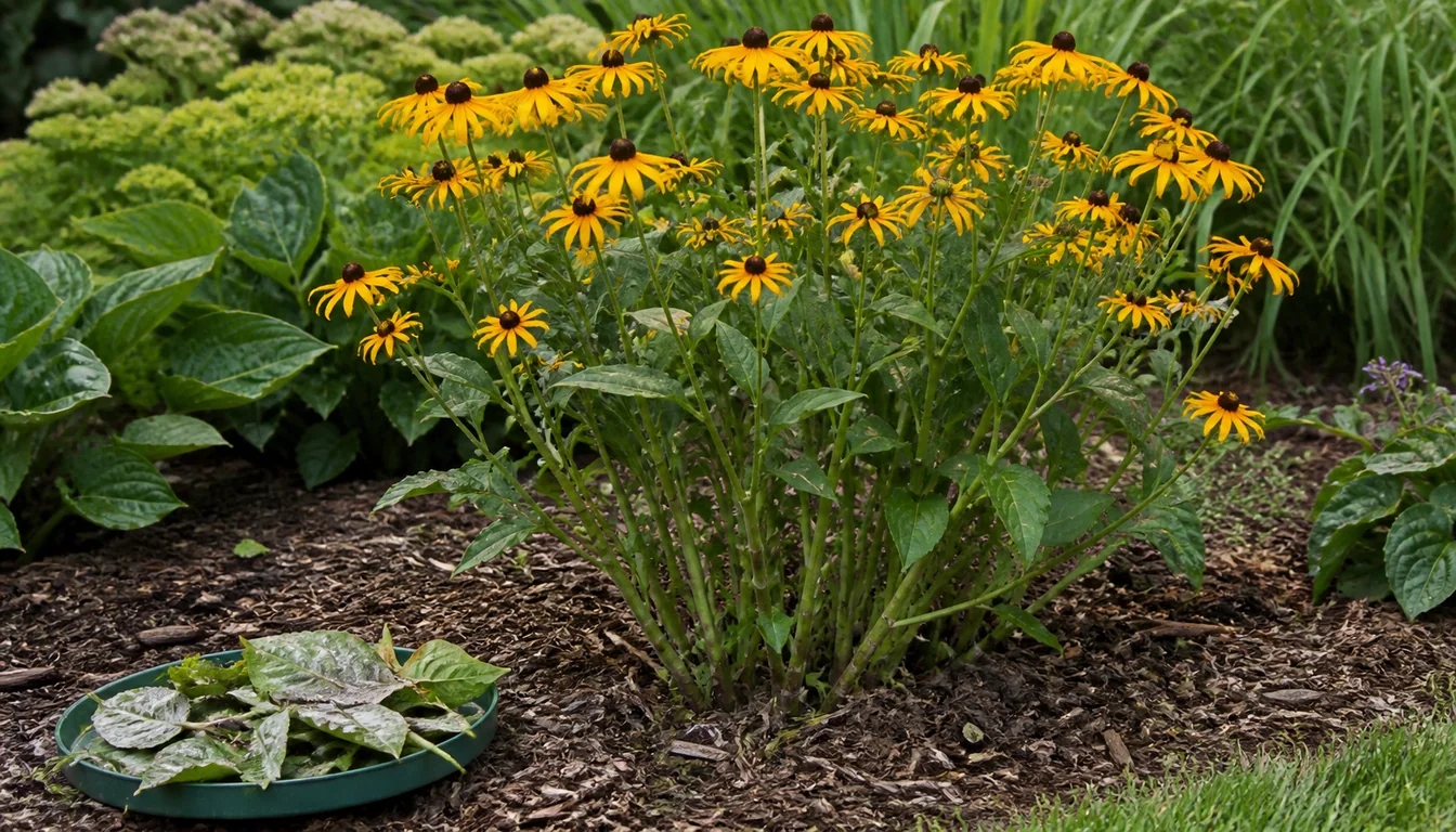 Black-eyed Susan after heavily mildewed basal leaves were removed while healthy stems and yellow flowers remain.