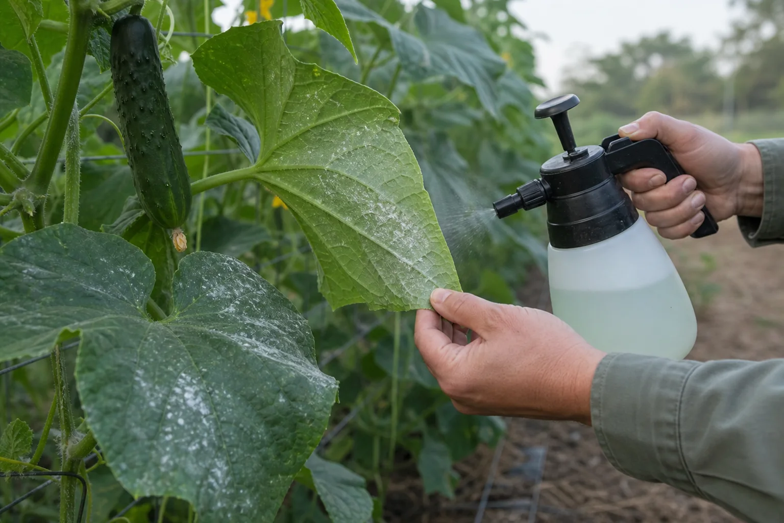 Gardener applies a fine spray to the underside of a cucumber leaf in calm morning conditions without creating runoff.