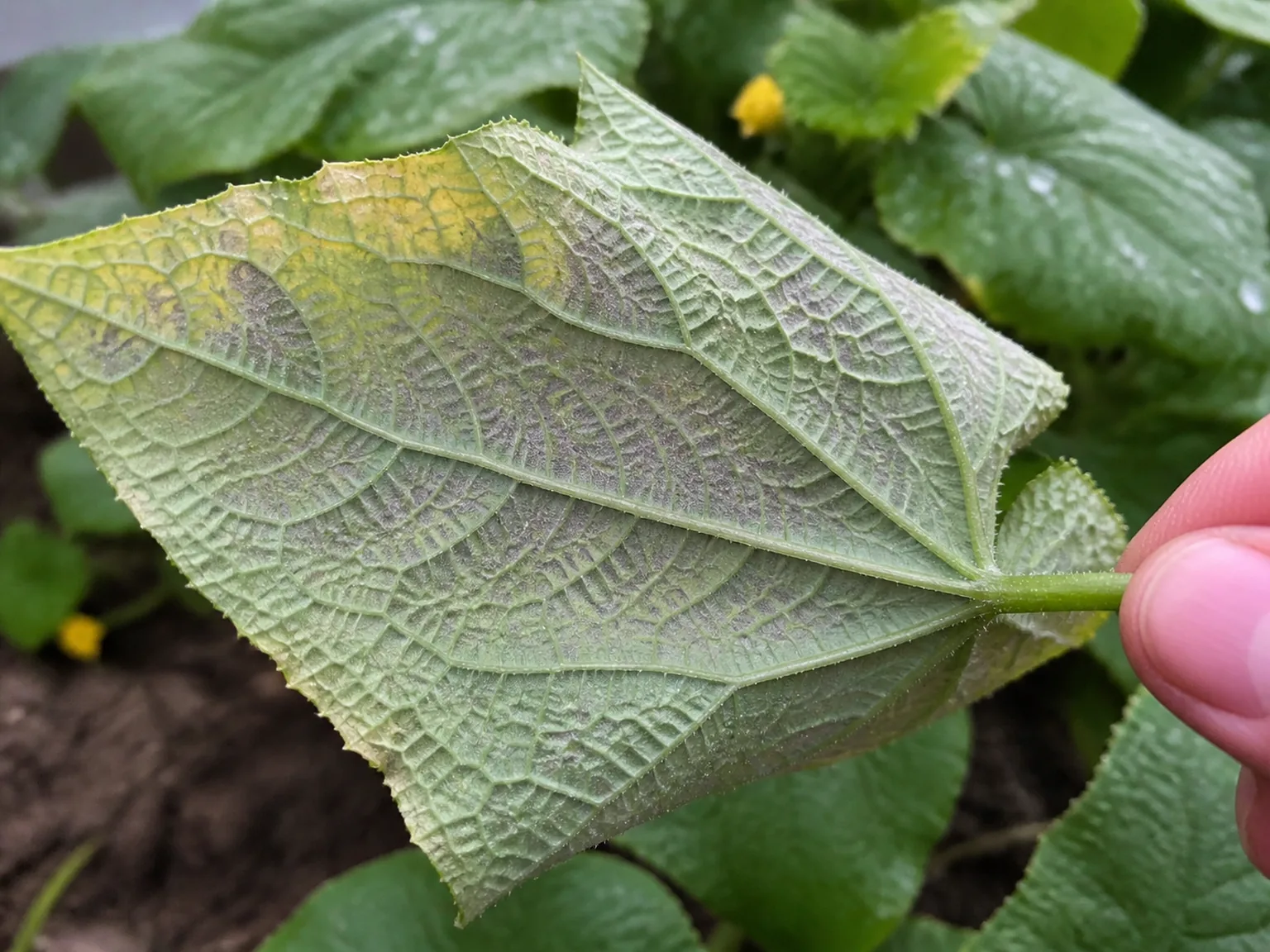 The underside of a cucumber leaf shows gray-purple growth beneath angular yellow lesions bounded by veins.
