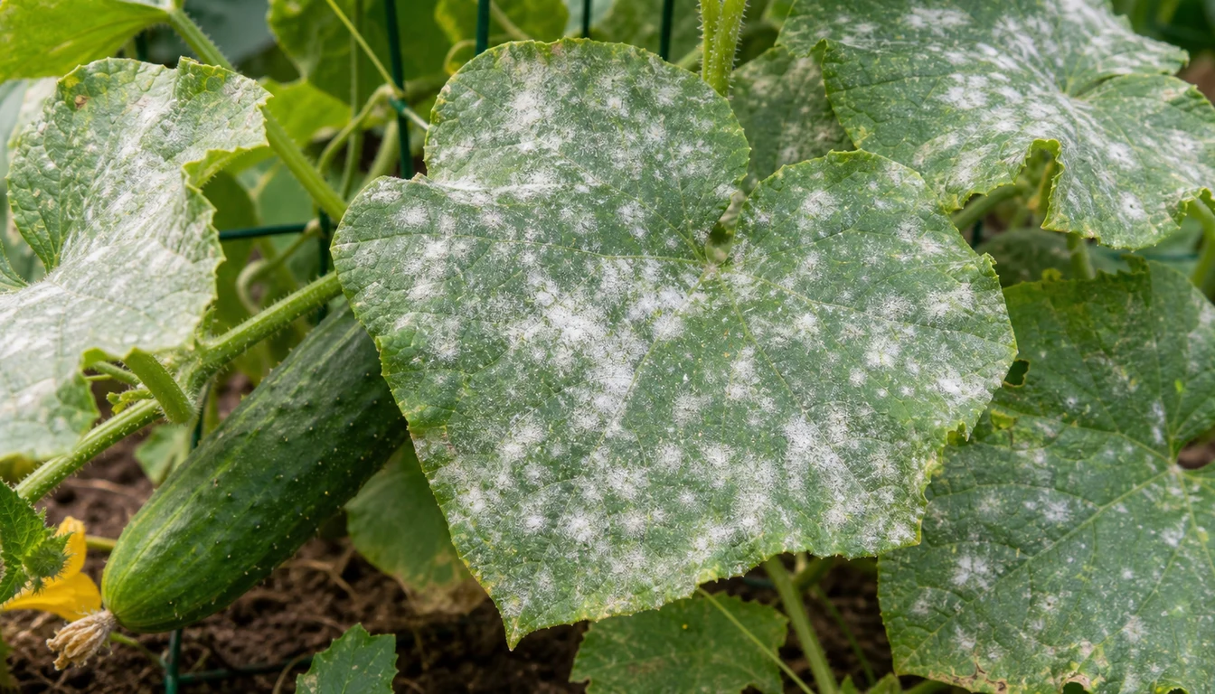 Cucumber vine with white powdery mildew colonies across older leaves and green fruit under the canopy.
