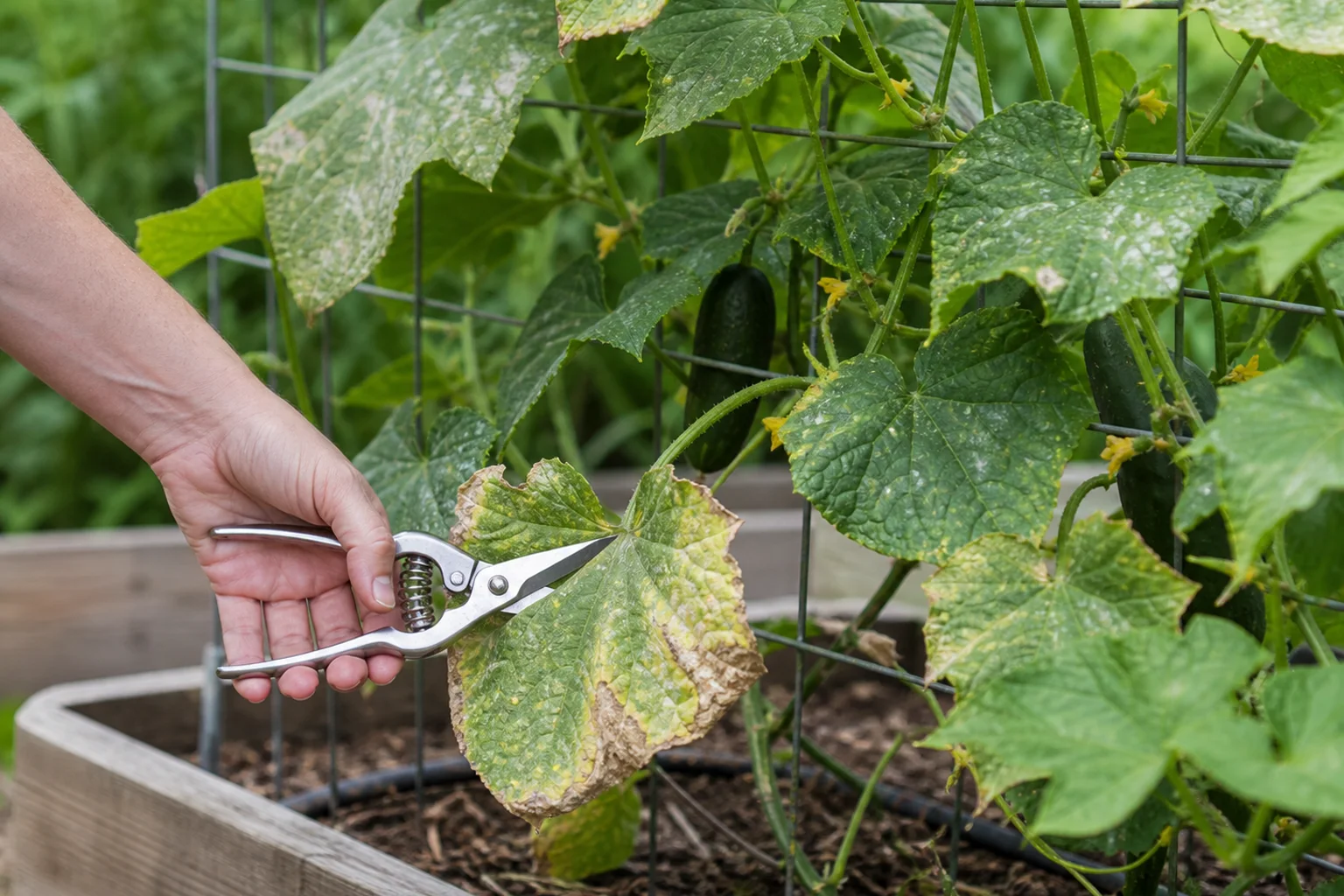 Clean pruning shears remove one heavily damaged cucumber leaf while green fruit remains shaded by retained foliage on a trellis.