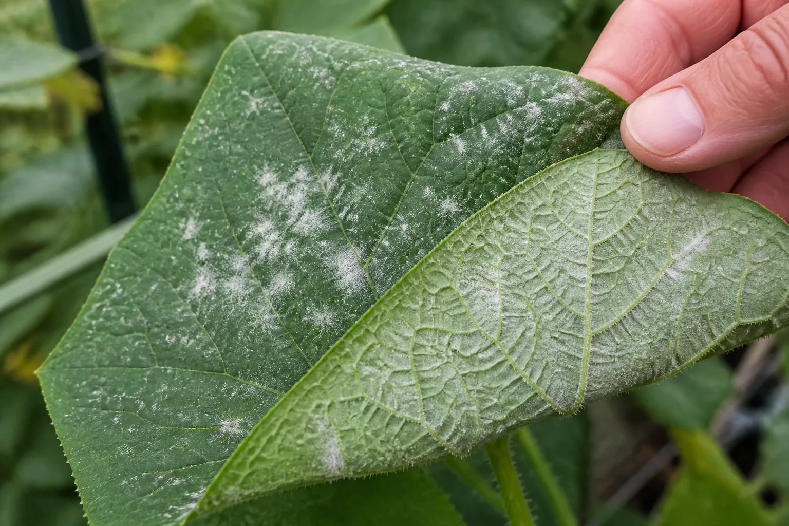 A cucumber leaf is folded to show white powdery mildew colonies on both its dark green upper surface and paler underside.