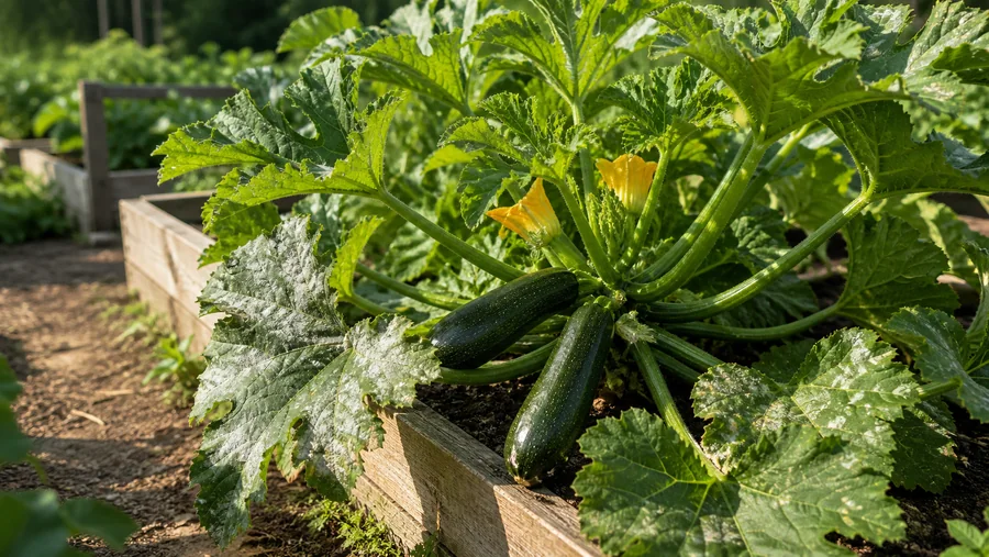 Mature zucchini plant in a sunny raised bed with white powdery patches on a few older lower leaves, clean crown growth, and two green fruit.