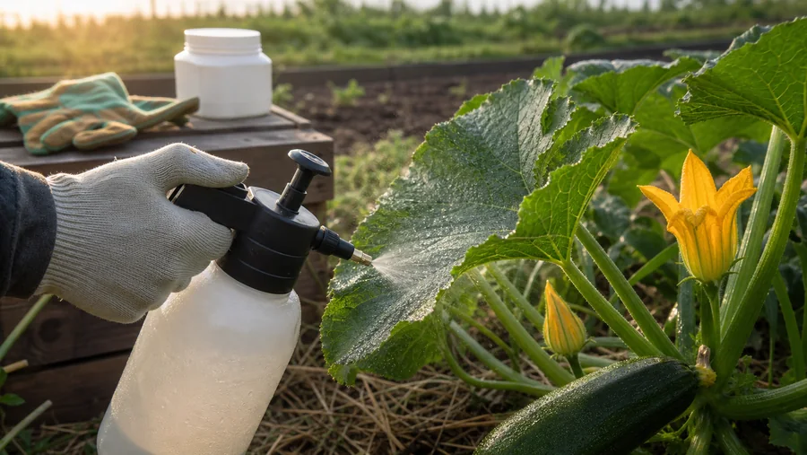 Gloved gardener applying a fine mist to both sides of one zucchini leaf in calm morning light while nearby blossoms and fruit remain outside the spray path.