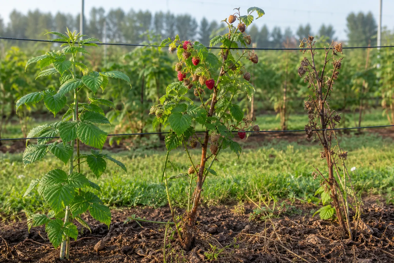 A raspberry row shows a leafy green primocane, a fruiting floricane with berries, and a spent brown floricane with dried laterals.