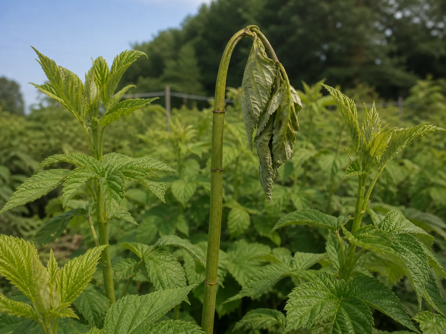 One green raspberry primocane has a wilted flagging tip and two narrow girdled rings while neighboring tips remain upright.