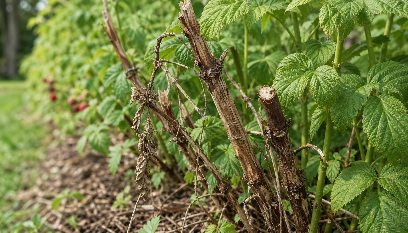 Raspberry row with brown dead cane sections standing beside firm green canes.