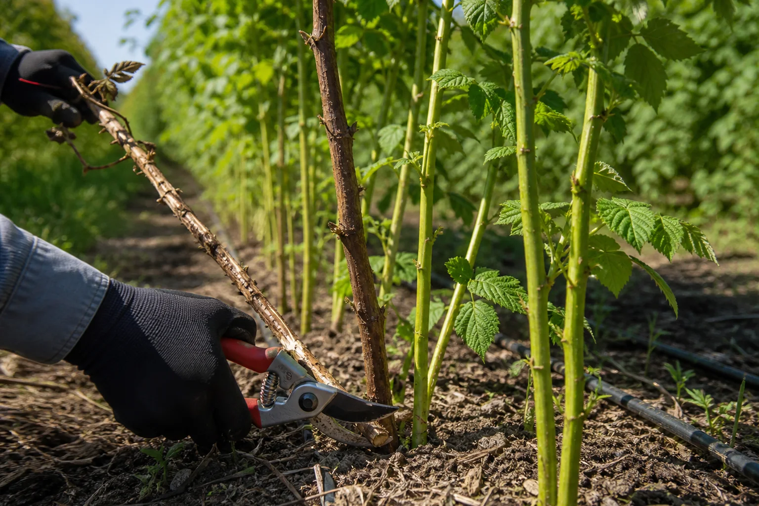 Bypass pruners remove a dead raspberry cane at soil level while healthy green primocanes remain upright in the row.