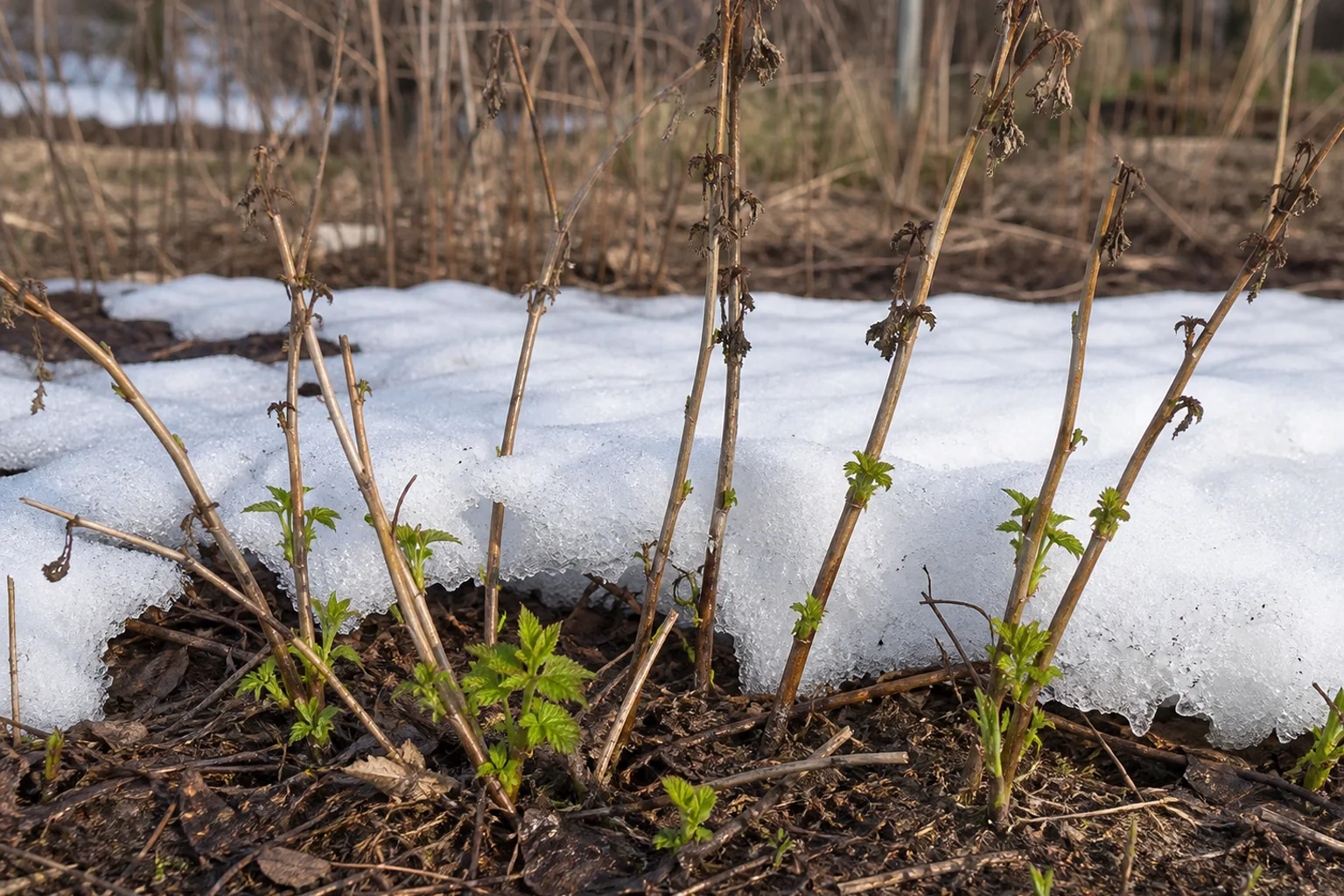 Early spring raspberry canes are dead above the former snow level but carry green buds and shoots below it.