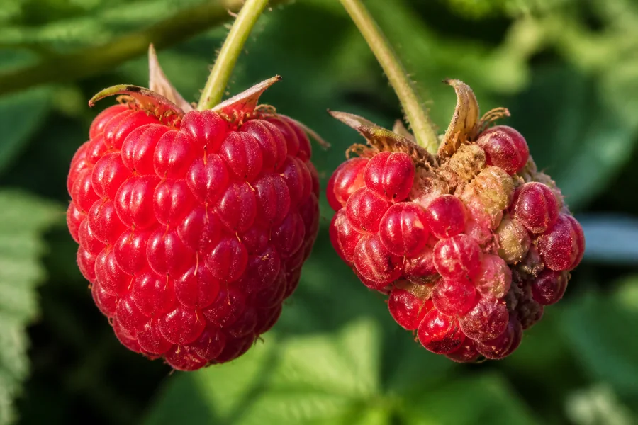 Two ripe raspberries still on their stems, with a full intact berry beside a misshapen berry with sparse uneven drupelets.