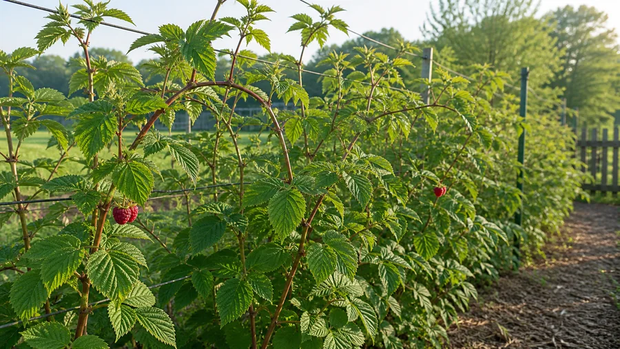 Vigorous green raspberry canes trained along a sunny trellis with only two red berries visible across the row.
