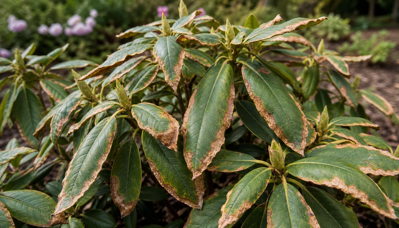Rhododendron shoot tips where brown crisp tissue runs in from the tip and both margins of each leaf and stops at a line, leaving the midrib and leaf base green