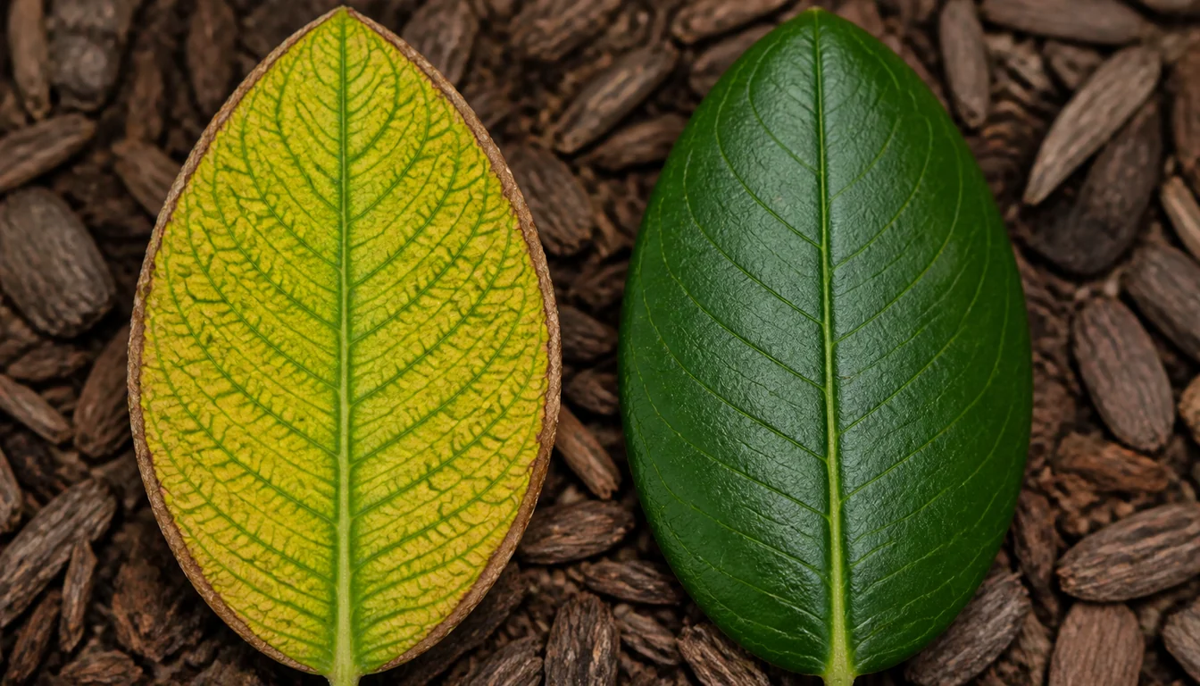 Two rhododendron leaves on bark mulch, the left one yellow between sharply green veins with a narrow dead brown rim around its edge, the right one evenly dark green with an intact edge