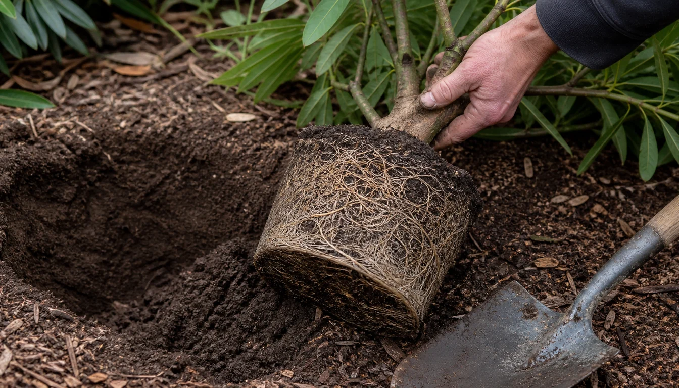 A rhododendron lifted beside its open planting hole, the root ball still the exact shape of its nursery pot with a dense mat of pale roots circling the outside and none running out into the surrounding soil