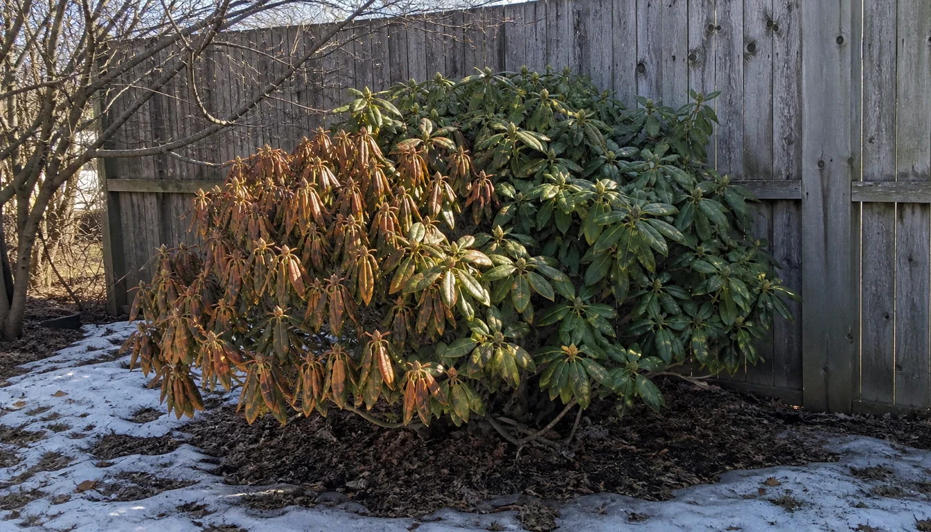 A rhododendron in late winter with bronzed brown leaves rolled and hanging across its open sunny half, and dark green undamaged leaves on the half standing against a board fence, with snow on the ground